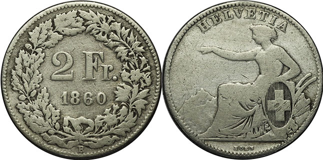 Münze Schweiz 2 franken 1860