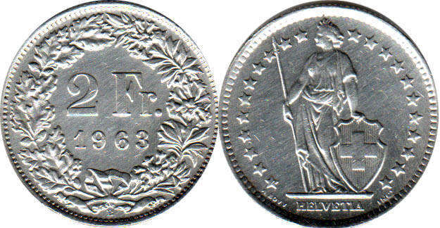 Coin Switzerland 2 franken 1963
