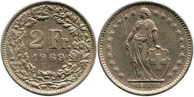 Münze Schweiz 2 franken 1969