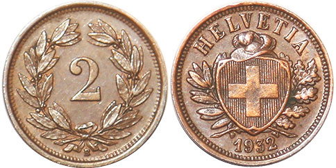 Münze Schweiz 2 rappen 1932 