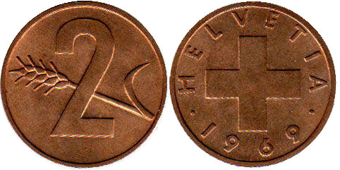 Coin Switzerland 2 rappen 1969 