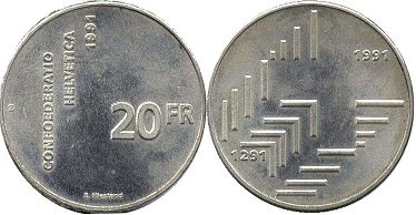 Münze Schweiz 20 franks 1991 Schweizerischen Bundes