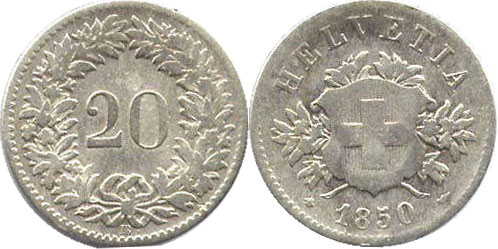 Münze Schweiz 20 rappen 1850 