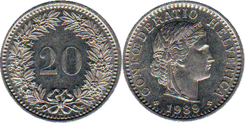 Coin Switzerland 20 rappen 1989 
