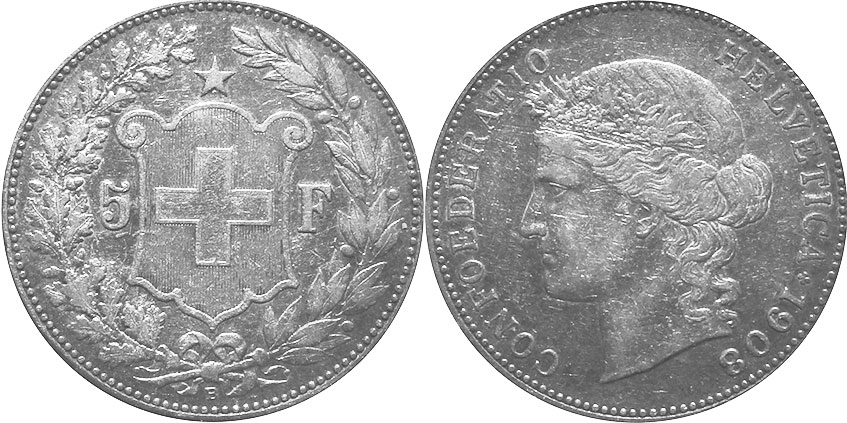 Münze Schweiz 5 franken 1908