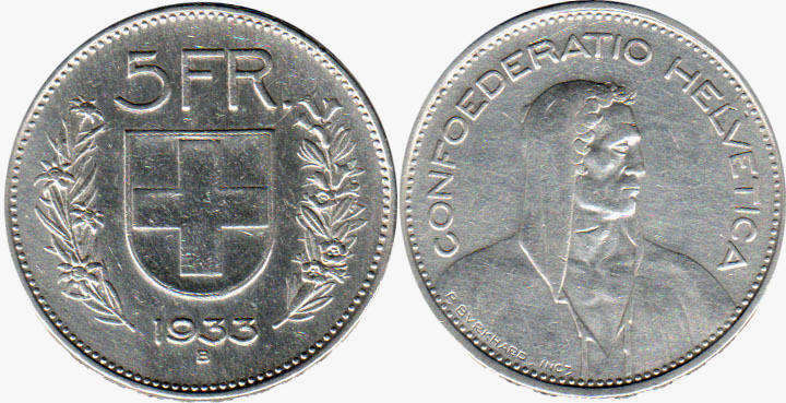 Münze Schweiz 5 franken 1933