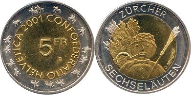 Münze Schweiz 5 franks 2001 Zürcher Sechselauten