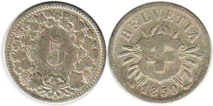 Münze Schweiz 5 rappen 1850 