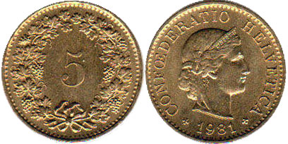 Coin Switzerland 5 rappen 1981 
