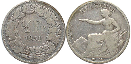 Münze Schweiz 1/2 frank 1851 