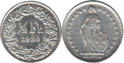 Münze Schweiz 1/2 frank 1920 