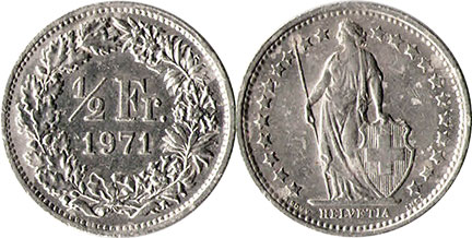 Coin Switzerland 1/2 frank 1971 