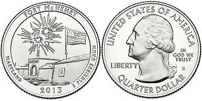Moneda Estadounidenses Beautiful América 25 centavos 2013 Fort McHenry