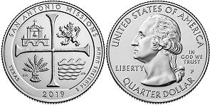Moneda Estadounidenses Beautiful América 25 centavos 2019 San Antonio Missions