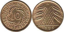 moneta German Weimar 10 pfennig 1925