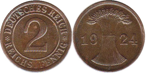 Münze Weimarer Republik2 Pfennig 1924