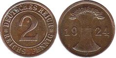 moneta German Weimar 2 pfennig 1924