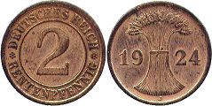 coin German Weimar 2 pfennig 1924