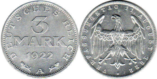 Coin Weimarer Republik3 mark 1922 gedenk