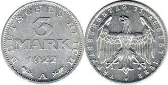 Münze Deutsch Weimar 3 mark 1922