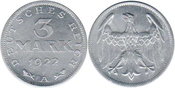 Münze Weimarer Republik3 mark 1922