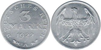 moneta German Weimar 3 mark 1922