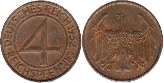 Münze Weimarer Republik4 Pfennig 1932