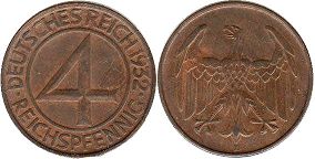 monnaie German Weimar 4 pfennig 1932