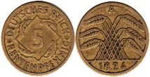 moneta German Weimar 5 pfennig 1924
