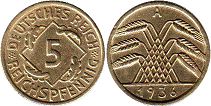 moneta German Weimar 5 pfennig 1936