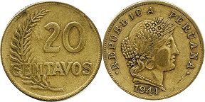 coin Peru 20 centavos 1944