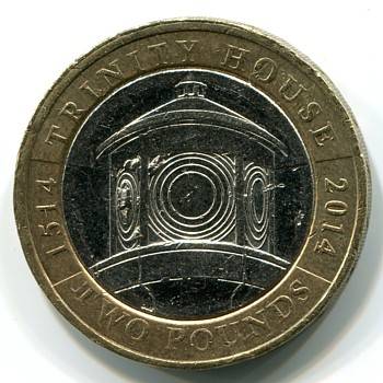 Реверс: фонарь маяка, вверху 1514 TRINITY HOUSE 2014, внизу TWO POUNDS.