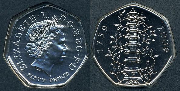 Аверс: Третий портрет, надпись ELIZABETH II DG REG FD, начиная с нижнего левого угла. FIFTY PENCE ниже. Инициалы IRB ниже бюста. <BR>Ред.: Китайская пагода Кью, вокруг вьющееся растение, слева 1759 год, справа 2009 год. «Кью» на базе