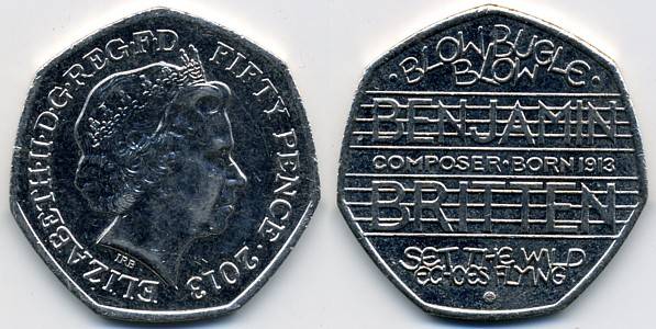 Аверс: Третий портрет, надпись ЕЛИЗАВЕТА II DG REG FD FIFTY PENCE 2013 вокруг. <BR>Реверс: БЕНДЖАМИН БРИТТЕН на нотоносцах, УДАР ГОНКА вверху, КОМПОЗИТОР, РОДИЛСЯ В 1913 ГОДУ, между ними, ПОЛЕТ ДИКОГО ЭХО внизу