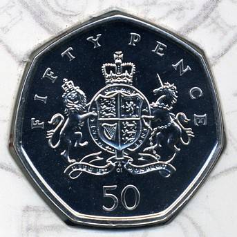 Реверс: Royal Arms, FIFTY PENCE вверху, 50 внизу.