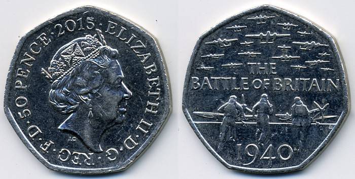 Аверс: Четвертый портрет, надпись ELIZABETH II DG REG FD 50 PENCE 2015. <BR>Реверс: БИТВА ЗА БРИТАНИЮ, флот бомбардировщиков вверху, три пилота бегут к истребителям внизу, 1940 год внизу.