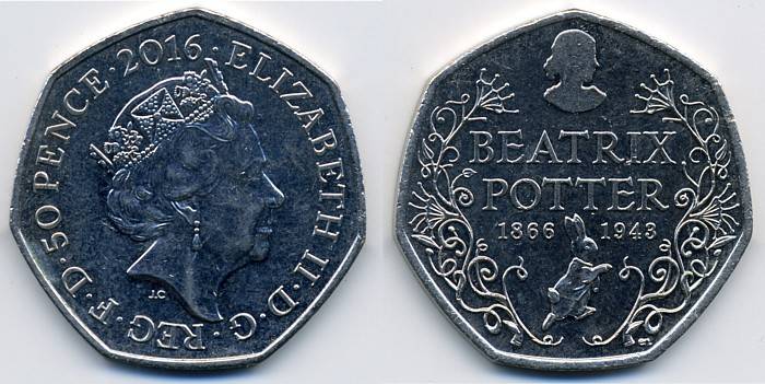 Аверс: Четвертый портрет, надпись ELIZABETH II DG REG FD 50 PENCE 2016. Центральная точка над головой королевы. <BR>Реверс: БЕАТРИКС ПОТТЕР 1866–1948, силуэт Беатрикс Поттер вверху, кролик Питер внизу, цветочный мотив вокруг