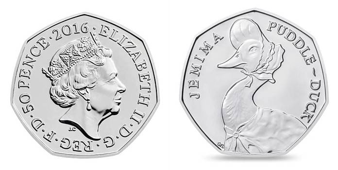 Аверс: Четвертый портрет, надпись ELIZABETH II DG REG FD 50 PENCE 2016. Центральная точка над головой королевы. <BR>Реверс: портрет Джемаймы Паддлдак с надписью JEMIMA PUDDLEDUCK вверху.