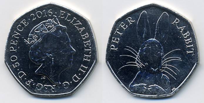 Аверс: Четвертый портрет, надпись ELIZABETH II DG REG FD 50 PENCE 2016. Центральная точка над головой королевы. <BR>Реверс: портрет кролика Питера с надписью PETER RABBIT вверху.