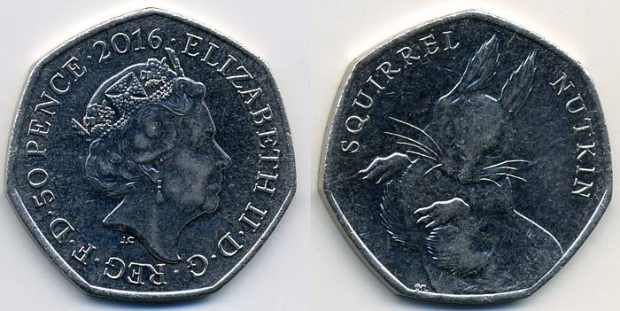 Аверс: Четвертый портрет, надпись ELIZABETH II DG REG FD 50 PENCE 2016. Центральная точка над головой королевы. <BR>Реверс: портрет Белки Наткина с надписью SQUIRREL NUTKIN вверху.