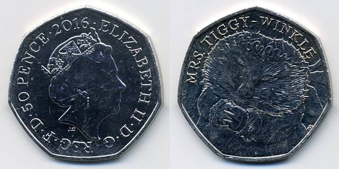 Аверс: Четвертый портрет, надпись ELIZABETH II DG REG FD 50 PENCE 2016. Центральная точка над головой королевы. <BR>Реверс: портрет миссис Тигги-Винкль с надписью MRS.TIGGY-WINKLE вверху.