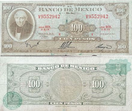 banknote Mexico 100 pesos 1967