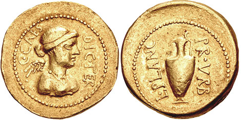 moeda romana Júlio César aureus 45 aC