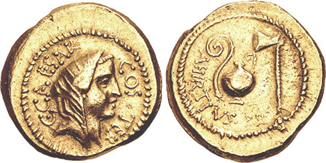 moeda romana Júlio César aureus 46 aC