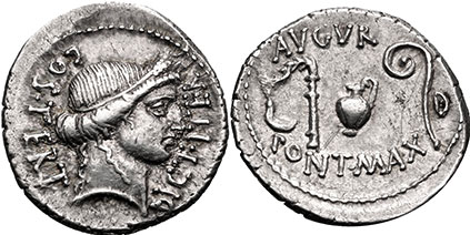 moeda romana Júlio César denário 46 aC