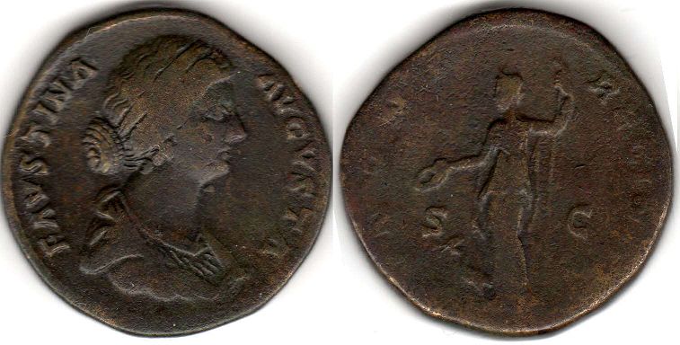 moeda Império Romano Faustina II sestertius