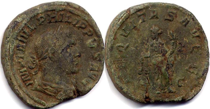 moeda Império Romano Filipe I, o árabe Sestércio