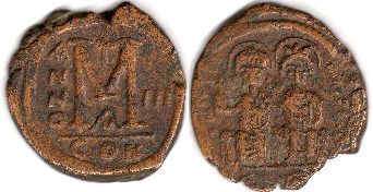 coin Byzantine Emperor Justin II follis