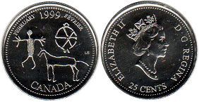 moneda canadiense conmemorativa 25 centavos 1999