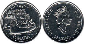 moneda canadiense conmemorativa 25 centavos 1999